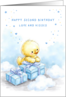 Second Birthday Cute Yellow Chick with Blue Gifts card