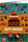 Colorful Folk Art Birthday with Cake and Baloons card