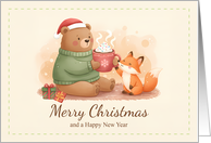 Cozy Bear and Fox Sharing Hot Cocoa Christmas Greeting card