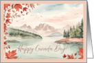 Canada Day with Watercolor Mountain Lake and Maple Leaves Landscape card