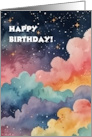 Happy Birthday with Watercolor Styled Galaxy Sky Stars and Clouds card