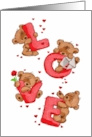 Sweet Romantic Cute Teddy Bears Spelling Love with Roses and Hearts card