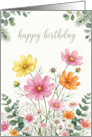 Happy Birthday Elegant Watercolor Floral Cosmos and Daisies card