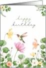 Happy Birthday Elegant Nature Watercolor Hummingbird and Flowers card
