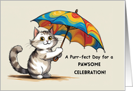 Birthday Cute Cat with Colorful Umbrella Funny Whimsical Celebration card