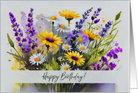 Happy Birthday with Watercolor Wildflowers Daisy Lavender