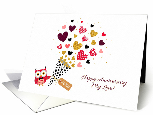 Happy Anniversary My Love Cute Owl with Bouquet of Hearts card