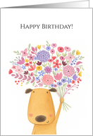 Happy Birthday with Cute Dog Holding a Flower Bouquet card