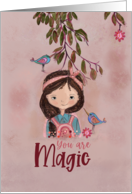 Daughter’s Birthday Cute Girl with Birds in Watercolor card
