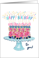 Happy Birthday Cake with Candles and Colorful Flowers