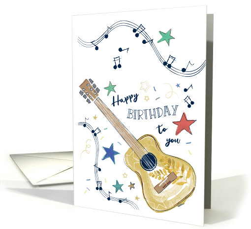 Happy Birthday Guitar with Colorful Stars and Musical Notes card