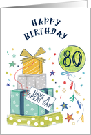 Happy 80th Birthday with Presents Balloon and Confetti card