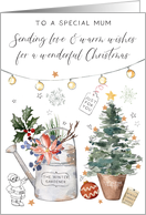 Mum Christmas Watering Can Poinsettia and Christmas Tree card