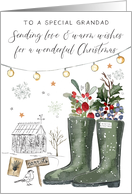Grandad Christmas with Watercolor Winter Garden Wellington Boots Holly card