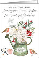 Nana Christmas Watercolor Floral Watering Can Winter Garden card