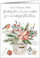 Mum Christmas Robin and Poinsettia Wooden Planter Garden card