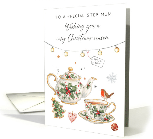 Step Mum Christmas Teapot and Teacup Festive Tea Time card (2001478)