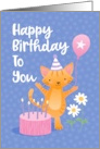 Happy Birthday Cute Kitty With Party Hat Balloon and Cake card