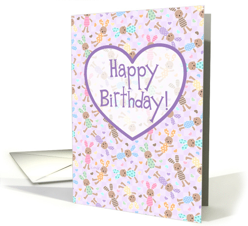 Cute Plush Bunnies on Lavender with Hearts and Birthday Greeting card