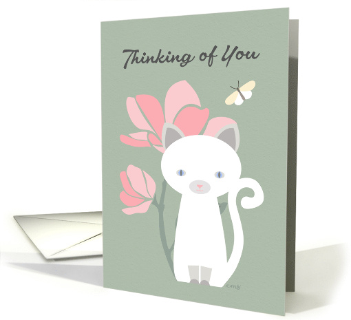 Thinking of You White Cat Pink Floral and Butterfly card (1944110)