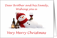 Brother and Family Relaxing Snowman with Wine Christmas card