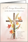 Anniversary of Loss Religious Cross with Wheat and Autumn Leaves card