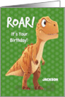 Little Boy Custom Name Birthday T Rex Roar with Polka Dots on Green card