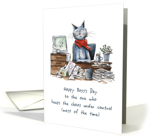Bosss Day From Group to Woman Funny Female Cat at Desk Papers card