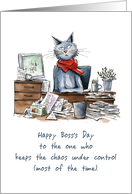 Bosss Day From Group to Woman Funny Female Cat at Desk Papers card