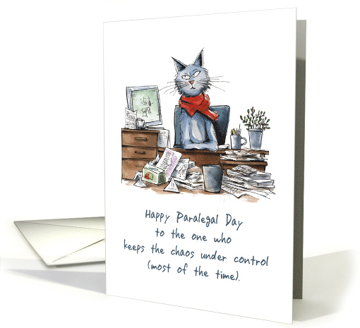 Paralegal Day from Group Funny Woman Cat at Desk with Papers card