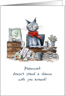 Woman Volunteer Thank You Funny Cat at Desk with Papers card
