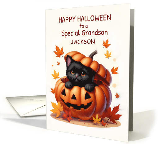 Grandson Custom Name Halloween Cute Black Cat in Pumpkin card