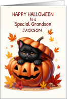 Grandson Custom Name Halloween Cute Black Cat in Pumpkin card