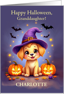 Granddaughter Halloween Customizable Name Cute Puppy in Witch Hat card