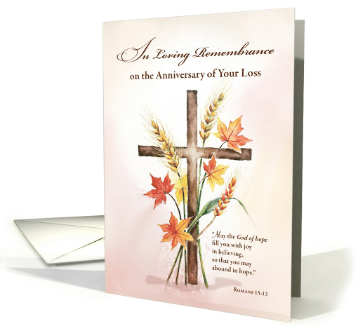 Anniversary of Loss Religious Cross with Wheat and Autumn Leaves card