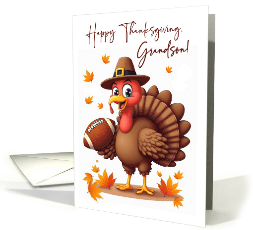 Grandson Thanksgiving Funny Turkey with Football and Leave card