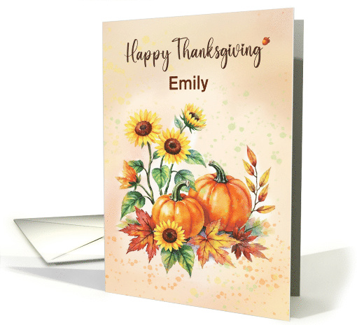 Custom Name Happy Thanksgiving Sunflowers and Pumpkins card (1949742)
