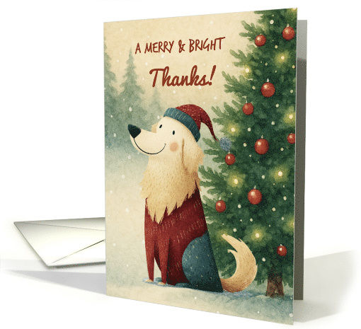 Christmas Thank You with Golden Retriever in Santa Hat by Tree card