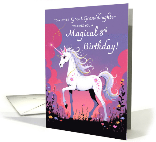 Great Granddaughter 8th Birthday Purple and Pink Magical Unicorn card
