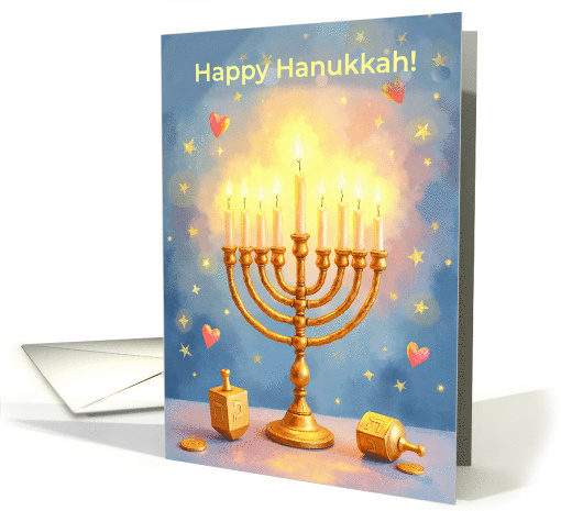 Happy Hanukkah Brightly Lit Menorah with Hearts and Dreidels card