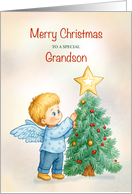 Grandson Christmas Angel Decorating Tree card