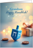 Grandson Happy Hanukkah Dreidel with Soft Glowing Light card