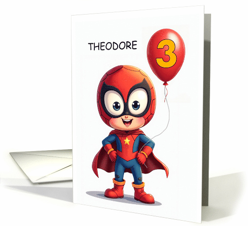 Third Birthday Superhero Cute Balloon with Spider and Custom Name card
