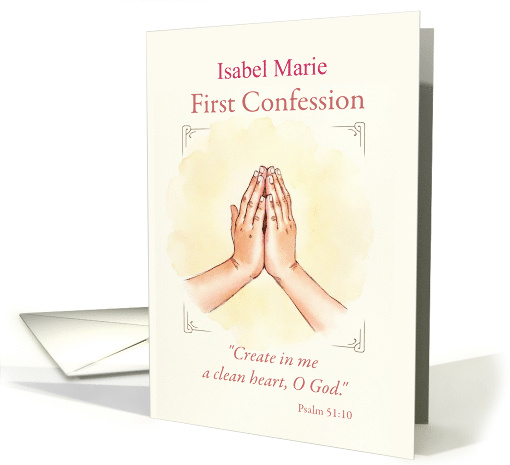 Custom Name Girl First Confession Praying Hands Scripture card