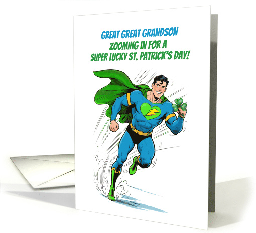 Great Great Grandson St Patricks Day Lucky Superhero Zooming In card