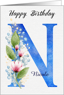 Letter N Birthday Custom Name For Her Elegant Blue Floral Monogram