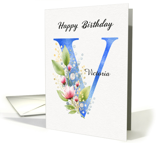 Letter V Birthday Custom Name For Her Elegant Blue Floral... (1983326)