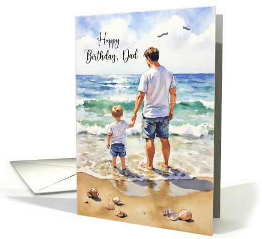 Birthday for Dad from Young Son Holding Hands on Ocean Beach card