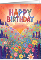 Happy Birthday Sunset Floral Hills and Trees Watercolor Effect