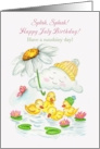 Splish Splash Happy July Birthday Ducklings and Daisy Umbrella card